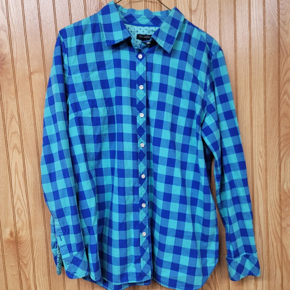 Talbots Womens Blue Teal Buffalo Check Button Down‎ Shirt Polka Dot Trim Large